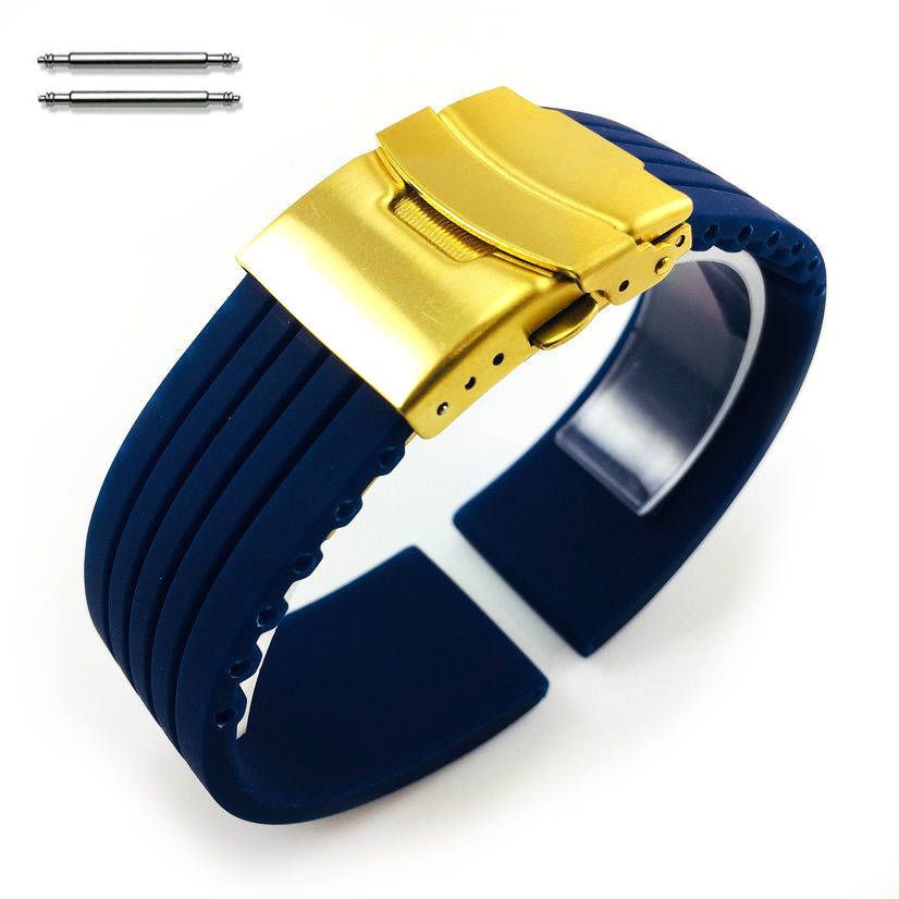 Victorinox Swiss Army Compatible Blue Rubber Silicone Replacement Watch Band Strap Gold Double Lock Buckle #4015G