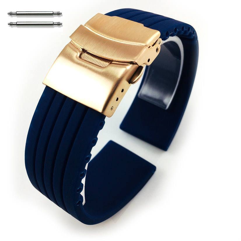 Victorinox Swiss Army Compatible Blue Rubber Silicone Watch Band Strap Rose Gold Double Locking Clasp #4015RG