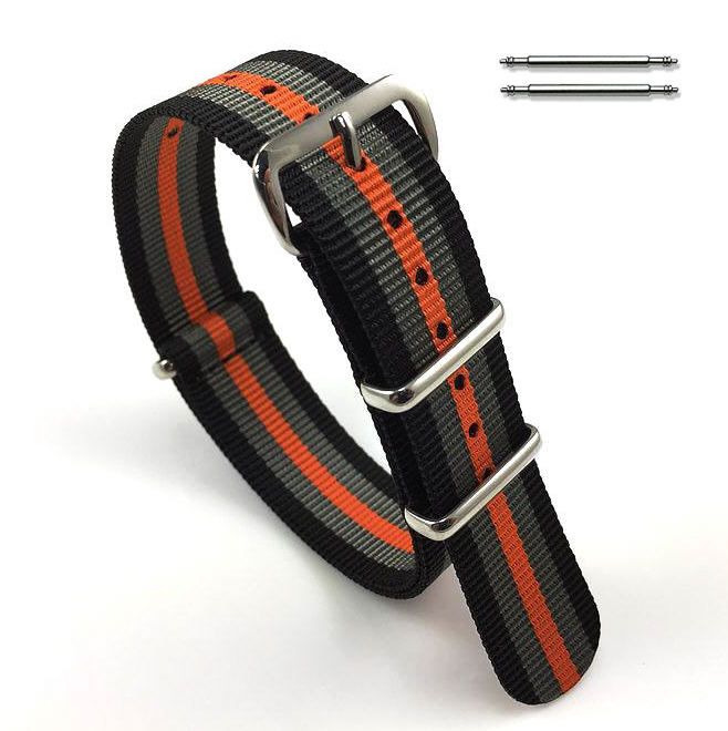 Victorinox Swiss Army Compatible Orange Gray & Black Stripes One Piece Slip Through Nylon Watch Band Strap #6F18