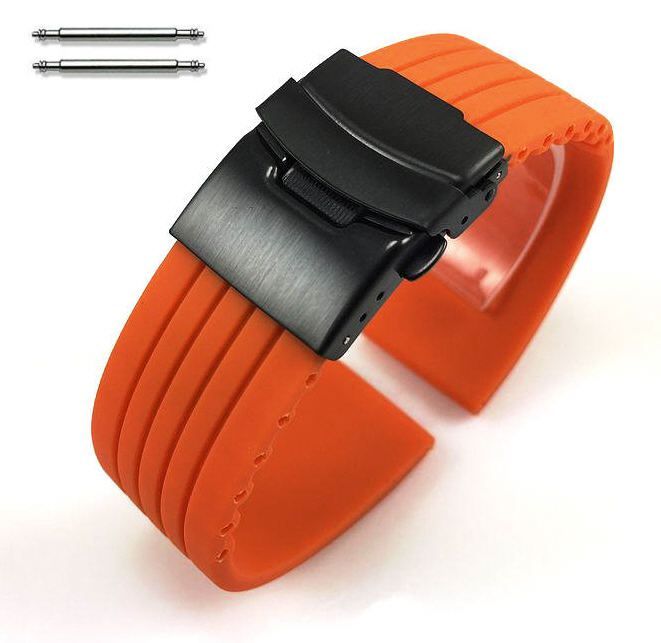 Victorinox Swiss Army Compatible Orange Rubber Silicone Watch Band Strap Double Locking Black PVD Steel Buckle #4014