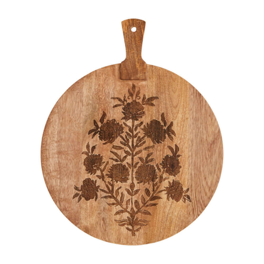 Mud Pie Block Print Engraved Round Wood Serving Board