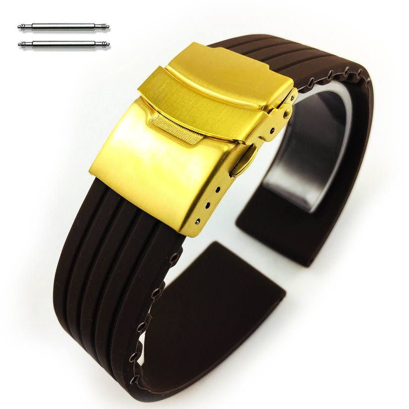 Wenger Compatible Brown Rubber Silicone Replacement Watch Band Strap Gold Double Lock Buckle #4017G