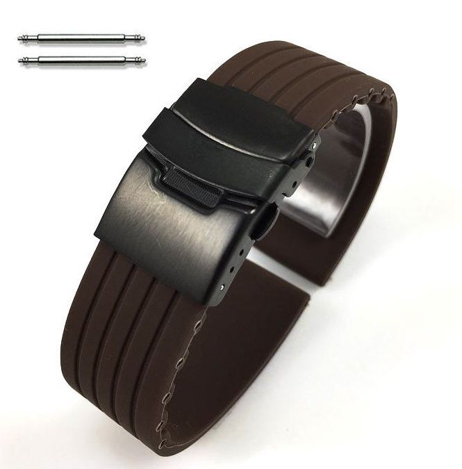 Wenger Compatible Brown Rubber Silicone Watch Band Strap Double Locking Black Steel Buckle #4018