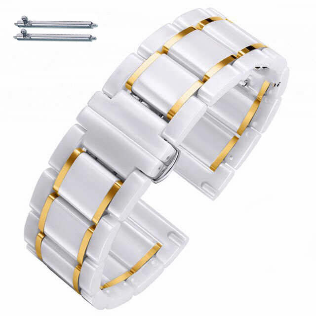 White Ceramic Replacement Watch Band With Gold Stripes Quick Release Strap #8005