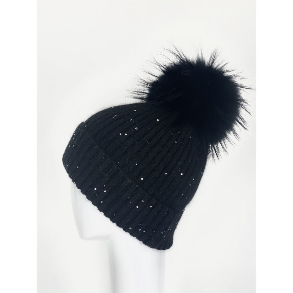 Wool and Angora Ribbed Knit Sequin Detail Hat with Genuine Fur Pom Pom