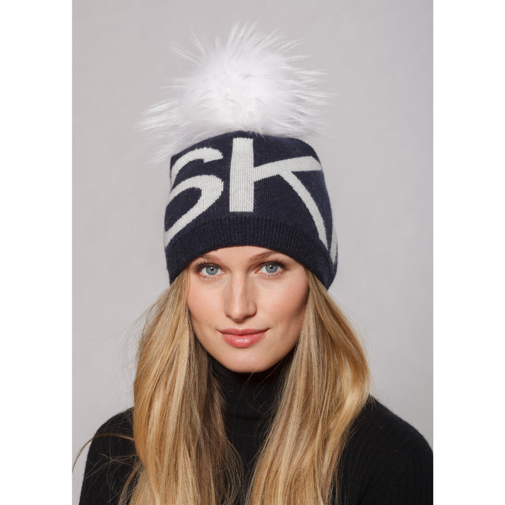 Wool Blend Ski Hat with Genuine Angora Pom Pom - Navy